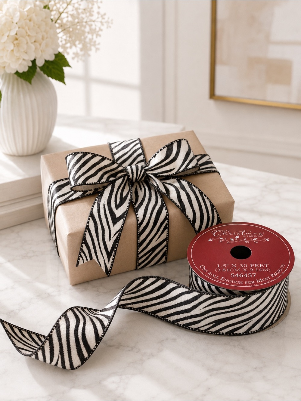 Hobby Lobby Leopard Print Wired Edge Ribbon Set 3 Back White Gift Wrap Craft NWT